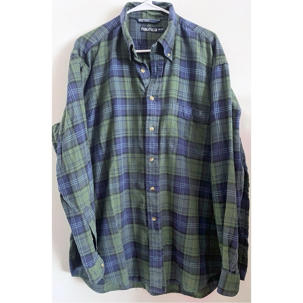Nautica Men's Green And Blue Plaid Shirt
